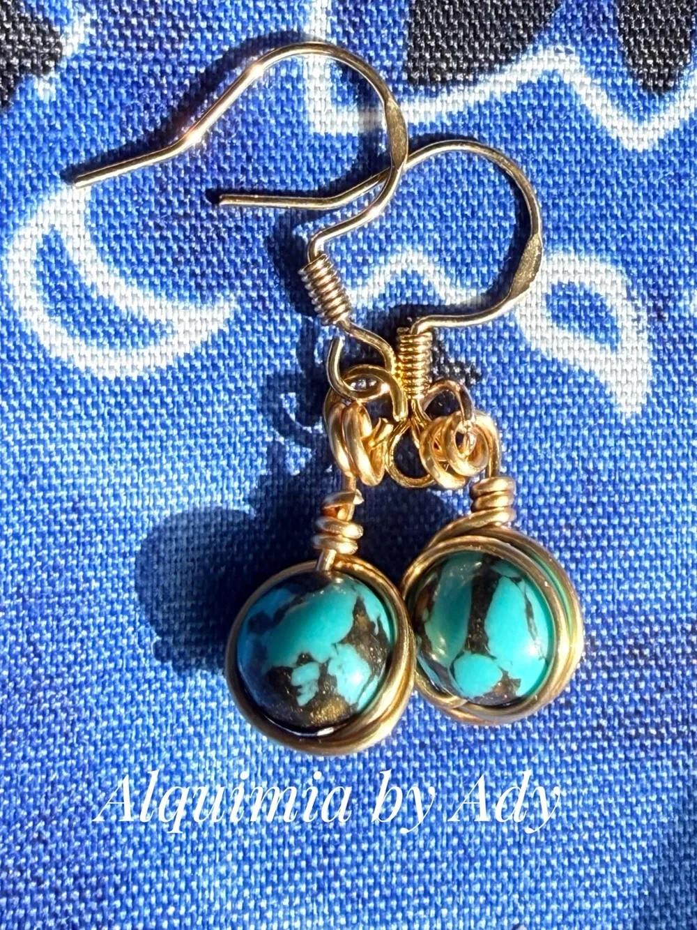 Turquoise and Gold Wire-Wrapped Drop Earrings
